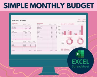 Presupuesto mensual de Excel / Hoja de cálculo de presupuesto mensual simple / Plantilla de presupuesto de Excel en rosa