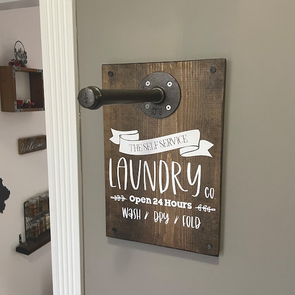 10” Iron Pipe Laundry Rack Clothing Hanger with Wood Mount, Laundry Room Organizer, Self service Open 24 Hours Wash, Dry, Fold Laundry Sign