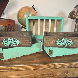 Turquoise Dark Wood Box with Slat Bottom, Pallet box, Wooden Slatted Box