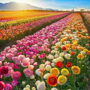 May include: A vibrant field of colorful flowers in full bloom. Rows of pink, red, yellow, and orange flowers stretch towards the horizon under a bright blue sky. The image captures a sunny day with a mountain range in the background.