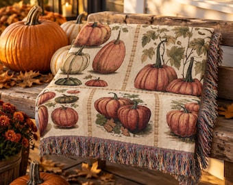 Pumpkin Woven Blanket, Retro Halloween Throw Blanket, Fall Pumpkin Cotton Tapestry, Cozy Autumn Decor, Vintage Halloween Gift, Woven Throw