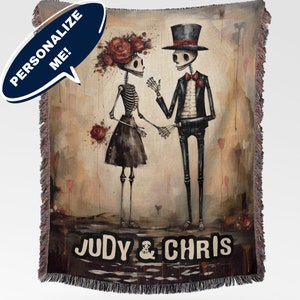 Personalized Skeleton Couple Woven Blanket Till Death Do Us Part Halloween Wedding Goth Wedding Blanket Custom Name Blanket His & Hers Gift