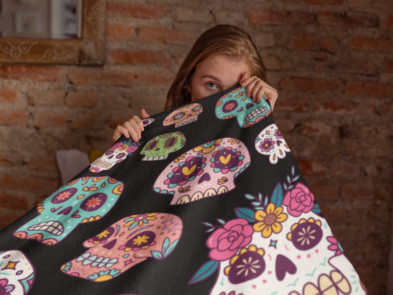 Personalized Sugar Skull Fleece Throw Blanket/Quilt  - Skull Gift For Girl - I'm Mostly Peace, Love And Light