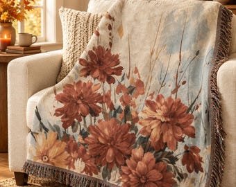 Floral Pumpkin Woven Blanket, Fall Throw Blanket, Botanical Autumn Cotton Tapestry, Cozy Halloween Decor, Thanksgiving Hostess Gift