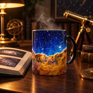 May include: A ceramic mug featuring a vibrant print of the Carina Nebula with deep blue starry skies above golden orange cosmic dust clouds. The mug has a solid black handle and is shown with steam rising from the top, indicating a hot beverage inside.