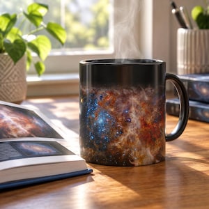 May include: A black ceramic mug featuring a vibrant, high-resolution print of a deep space nebula with swirling clouds of orange, red, and white gas, punctuated by clusters of bright blue stars. Steam rises from the top of the mug.
