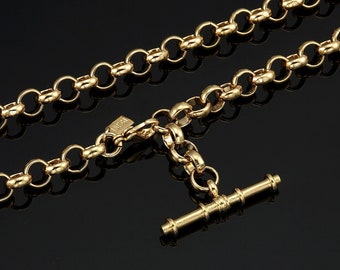 18K GL Solid Belcher Yellow Gold Necklace & Antique Style T Bar