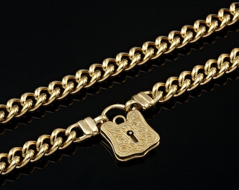 18K GL Solid Curb Yellow Gold Necklace with Keyhole Antique Padlock
