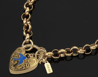 18K GL Solid Belcher Yellow Gold Bracelet with Vintage Blue Bird Heart Padlock