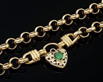 18K GL Thick Chunky Solid Belcher Yellow Gold Necklace with Filigree Padlock Heart & Emerald Green Coloured Gem