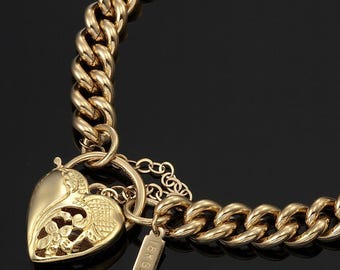 18K GL Solid Curb Yellow Gold Bracelet with Half Filigree Heart Padlock