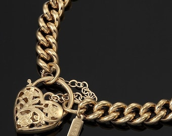 18K GL Solid Curb Link Yellow Gold Bracelet with Filigree Heart Padlock