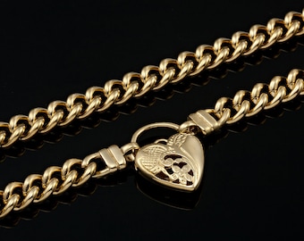 18kt GL Solid Euro Curb Yellow Gold Necklace with Half Filigree Heart Padlock