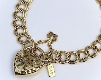 18K GL Solid Double Link Yellow Gold Bracelet with Filigree Heart Padlock