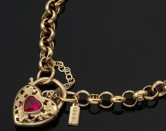 18K GL Solid Belcher Yellow Gold Bracelet with Filigree Heart Padlock & Ruby Red Coloured Gem