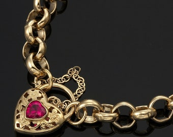 18K GL Thick Chunky Solid Belcher Yellow Gold Bracelet with Filigree Heart Padlock & Ruby Red Coloured Gem