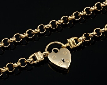 18K GL Solid Belcher Yellow Gold Necklace with Classic Keyhole Heart Padlock