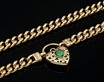 18K GL Solid Curb Yellow Gold Necklace with Filigree Padlock Heart & Emerald Green Coloured Gem