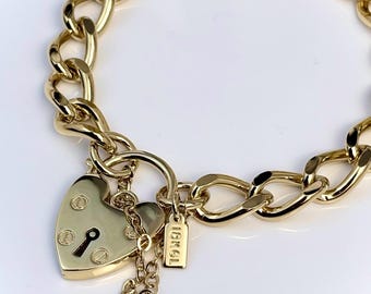 18K GL Solid Antique Vintage Style Faceted Oval Curb Yellow Gold Bracelet with Classic Keyhole Heart Padlock