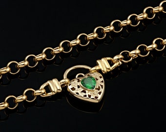 18K GL Solid Belcher Yellow Gold Necklace with Filigree Padlock Heart & Emerald Green Coloured Gem