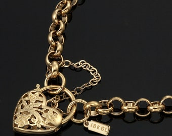 18K GL Solid Belcher Yellow Gold Bracelet with Filigree Heart Padlock