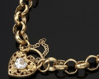 18K GL Thick Chunky Solid Belcher Yellow Gold Bracelet with Filigree Heart Padlock & Crystal Clear Gem