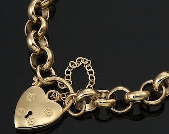 18K GL Thick Chunky Solid Belcher Yellow Gold Bracelet with Keyhole Heart Padlock