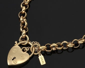 18K GL Solid Belcher Yellow Gold Bracelet with Classic Keyhole Heart Padlock