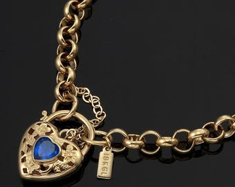 18K GL Solid Belcher Yellow Gold Bracelet with Filigree Heart Padlock & Sapphire Blue Coloured Gem