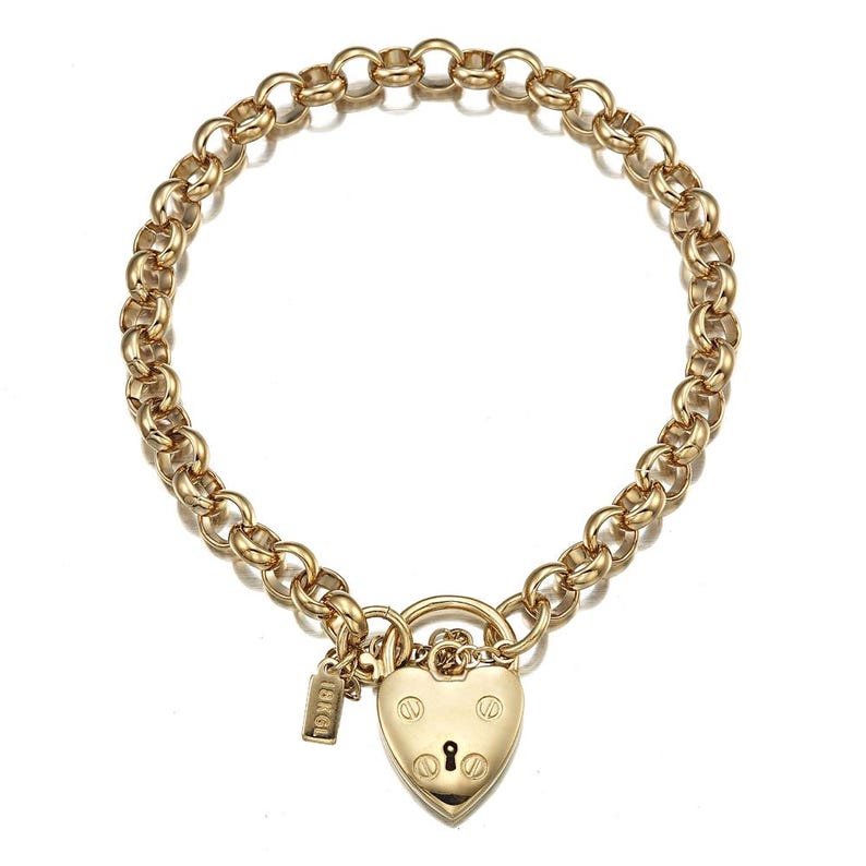 May include: A gold chain necklace with a heart-shaped padlock pendant. The padlock has a keyhole and a small tag with the word "LOVE" on it.