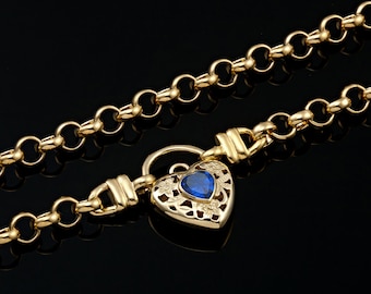 18K GL Solid Belcher Yellow Gold Necklace with Filigree Padlock Heart & Sapphire Blue Coloured Gem