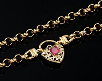 18K GL Solid Belcher Yellow Gold Necklace with Filigree Padlock Heart & Ruby Red Coloured Gem
