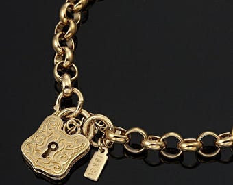 18K GL Solid Belcher Yellow Gold Bracelet with Antique Style Keyhole Padlock