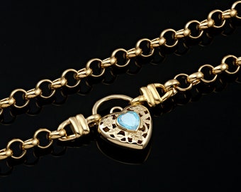 18K GL Solid Belcher Yellow Gold Necklace with Filigree Padlock Heart & Topaz Blue Coloured Gem