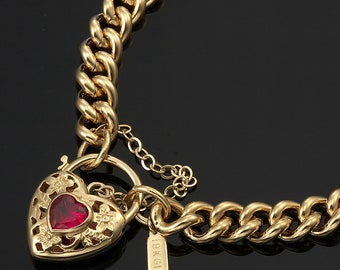 18K GL Solid Curb Yellow Gold Bracelet with Filigree Heart Padlock & Ruby Red Coloured Gem