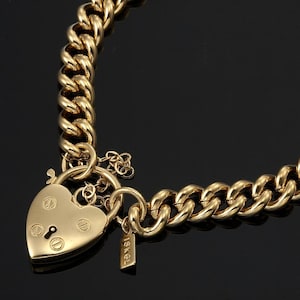 18K GL Solid Euro Curb Yellow Gold Bracelet with Classic Keyhole Heart Padlock