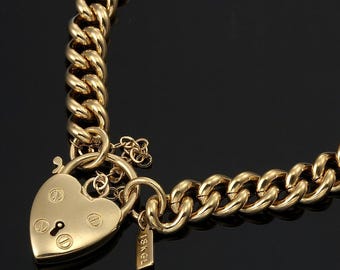 18K GL Solid Euro Curb Yellow Gold Bracelet with Classic Keyhole Heart Padlock