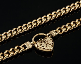 18K GL Solid Curb Yellow Gold Necklace with Filigree Heart Padlock