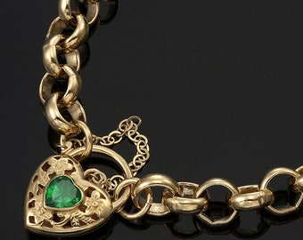 18K GL Thick Chunky Solid Belcher Yellow Gold Bracelet with Filigree Heart Padlock & Emerald Green Coloured Gem