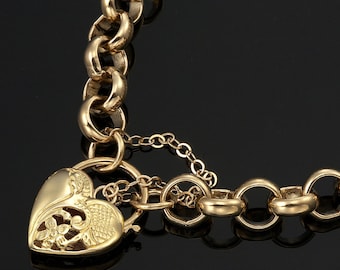 18kt GL Thick Chunky Solid Belcher Yellow Gold Bracelet with Half Filigree Heart Padlock