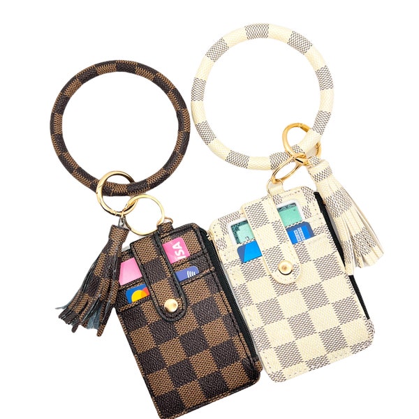 Checkered Pattern Wristlet Card Holder Coin Pouch Keychain Mini Wallet Purse Credit Card Holder Plaid Bracelet ID card Key Chain Tassel
