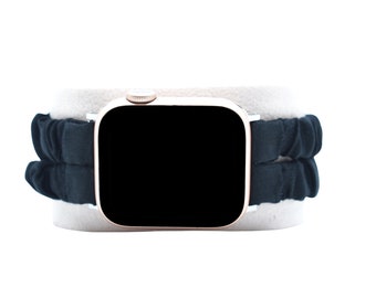 Double String Scrunchie Apple Watch Elastic Band Fits all series 38/40/41/42/44/45 MM Black silk band