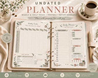 May include: An open undated planner with a ring binder mechanism featuring weekly and daily pages. The layout includes sections for a weekly tracker, habit tracker, meal planner, daily schedule, top 3 priorities, to-do list, water intake, and mood tracker.