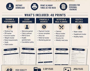May include: A digital bundle for personal trainers featuring 48 printable JPEG files measuring 8 by 11 inches. The document includes sections for training, client onboarding, business, nutrition, and wellness, with various trackers and forms.