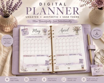 May include: An open digital planner with a lavender cover featuring monthly calendar pages for May and April. The pages include sections for to-do lists, notes, and gratitude, decorated with floral vase illustrations and the text "You got this!"