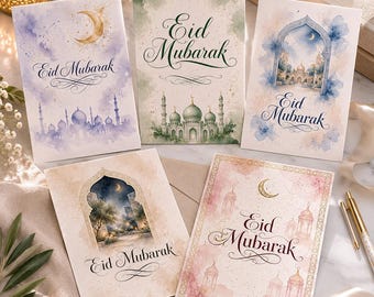 May include: Five rectangular greeting cards featuring watercolor illustrations and the text Eid Mubarak. Designs include a purple mosque silhouette, a green mosque, a blue archway, a night garden scene, and pink lanterns with a crescent moon.