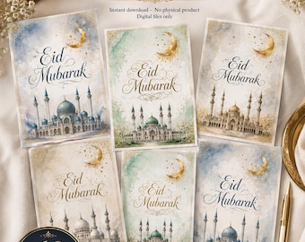 May include: Six rectangular printable cards featuring the text Eid Mubarak in elegant script, accompanied by watercolor illustrations of mosques, golden crescent moons, and stars. The cards are presented in various color palettes including blue, green, and gold tones.