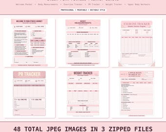 May include: A personal trainer client pack featuring a blush pink fitness planner bundle with six printable sheets including a welcome packet, body measurements, exercise tracker, PR tracker, weight tracker, and upper body workouts, 8.5 by 11 inches.