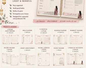 May include: A Muslim digital planner in A5 size, 14.8 x 21 cm, featuring 118 pages in JPEG format. The planner includes daily trackers, meal planners, business planners, workout trackers, income and saving trackers, and credit card payment logs.