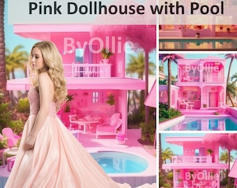 4 Malibu Girls Teens Chic Pink Beach Dollhouse Pool, Dream Mansion Pool House kids Digital Party Aesthetic Photo Backdrop Background Overlay